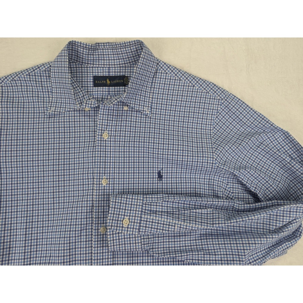 Ralph Lauren Mens Plaid Button Down Shirt Large Blue Classic Dad Long Sleeve